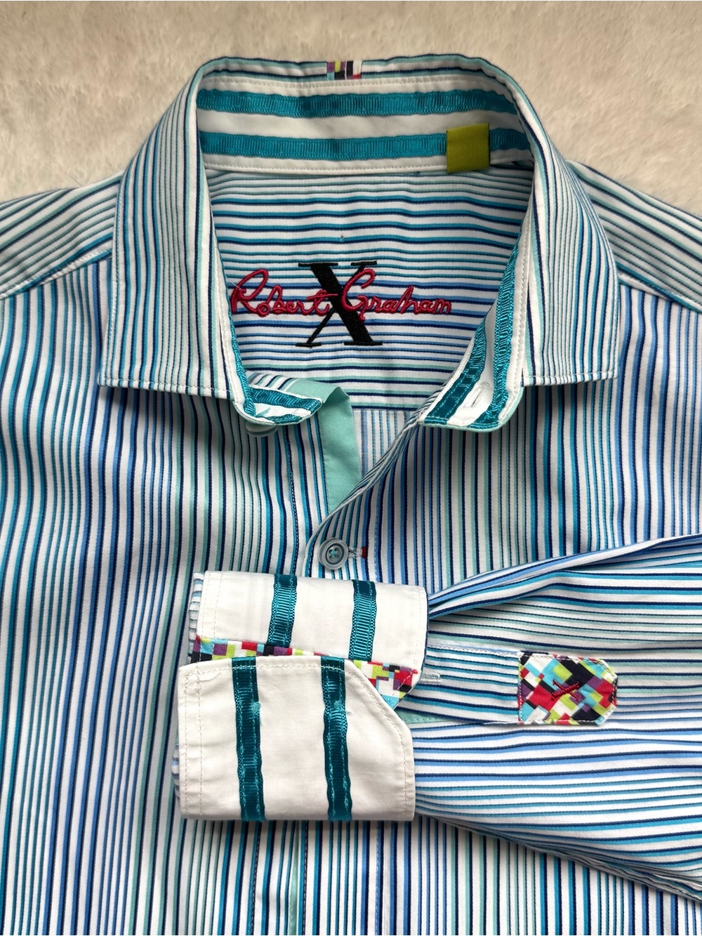 Robert Graham Button Front Shirt Flip Cuffs XS Blue Rainbow Striped Tailored Fit